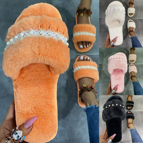 

slippers designer women fur pearl lace flat heel solid fluffy furry slides fashion outside slip on shoes ladies casual flats d4, Black