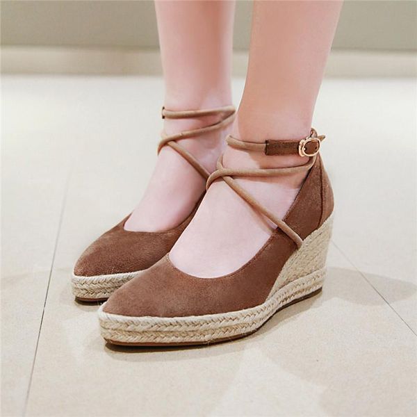 

dress shoes ymechic 2021 spring kid suede cross tied ankle strap platform flax weaving wedges women wedge high heel pumps black brown