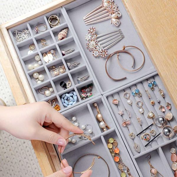 

jewelry pouches, bags organizer velvet storage tray display ring bracelet necklace box showcase drawer trays, Pink;blue