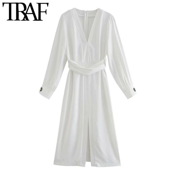 

women chic fashion with belt front vent midi dress vintage v neck long sleeve female dresses vestidos mujer 210507, Black;gray