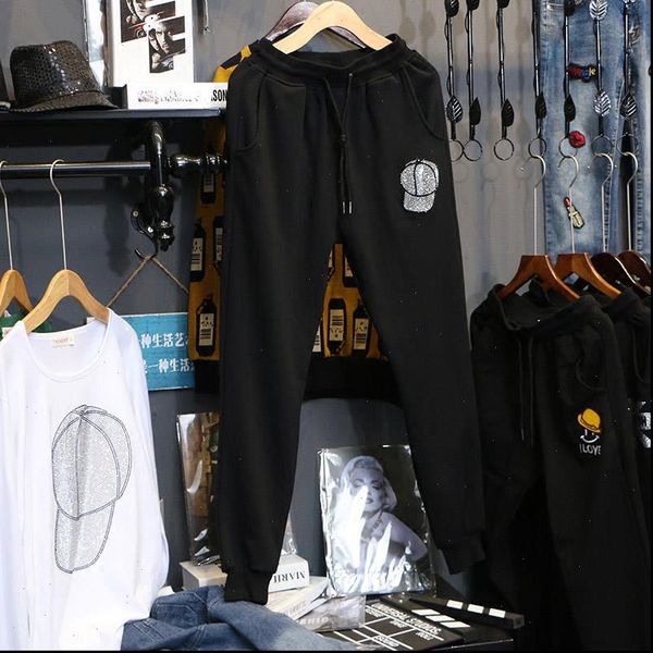 

women pants s 5xl plus size spring and autumn sweatpants leisure fashion elastic band loose diamond female, Black;white