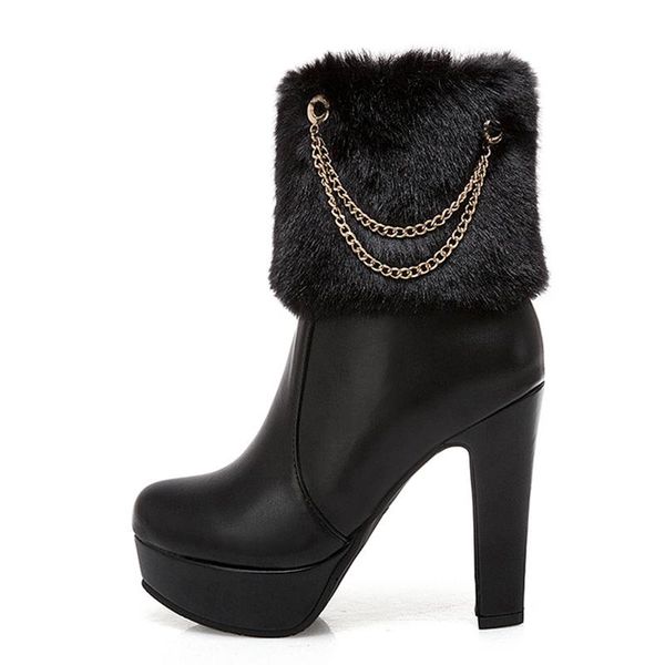 

black white winter boots women shoes fashion chain heel women's ankle plush warm fur snow ladies big size