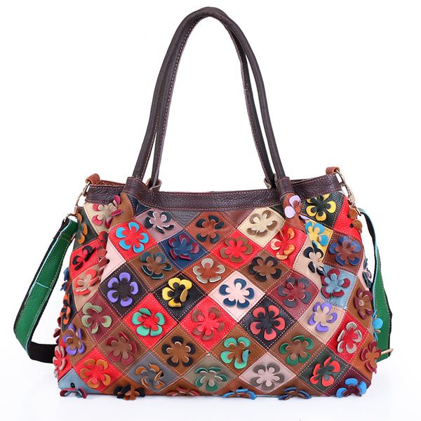 

2021 soft genuine leather splicing handbag colorful decal national style shoulder bag women's large capacity tote bags