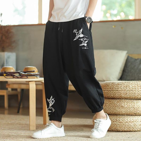 

ethnic clothing japanese trousers embroidery pattern retro pants streetwear kimono tai chi hippie men casual trouser, Red
