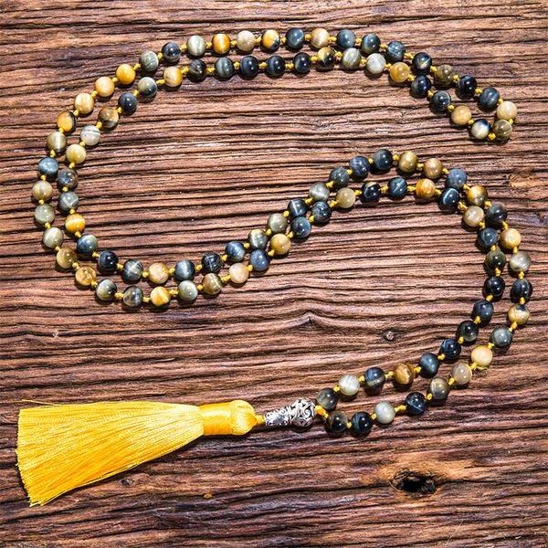 

pendant necklaces 8mm natural dream tiger eye beaded knot 108 japamala necklace meditation yoga blessing rosary jewelry buddha head, Silver