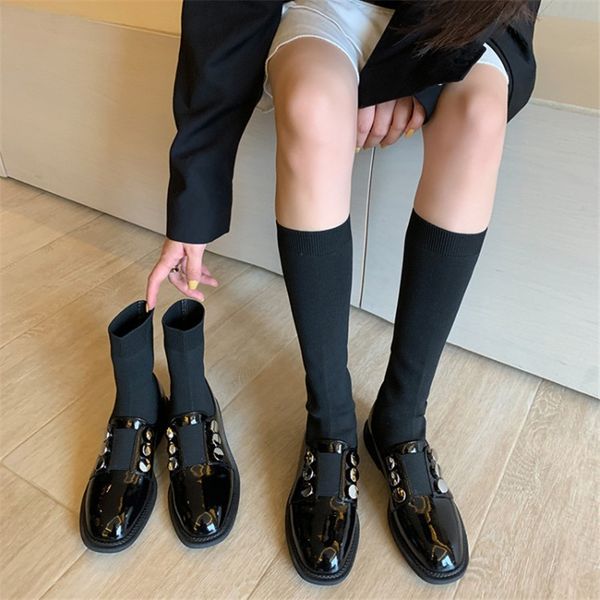 

winter boots women flat shoes skinny sock short and high 210507, Black