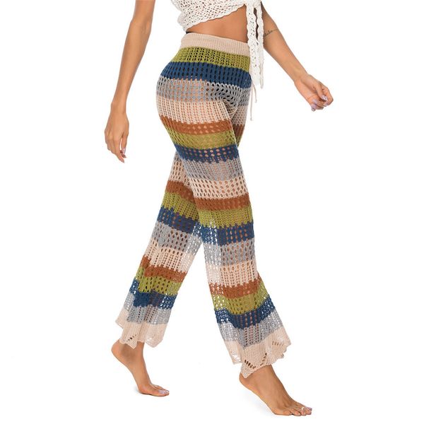 

women summer beach knitted hollow out pants see through crochet stright pant hollow out fishnet wide leg trousers k2652