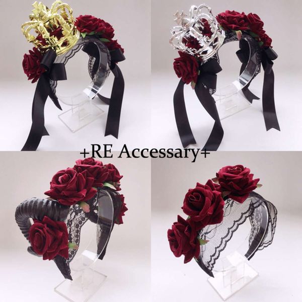 

gothic crown red rose hoop lolita ribbon party headdress, Black;brown