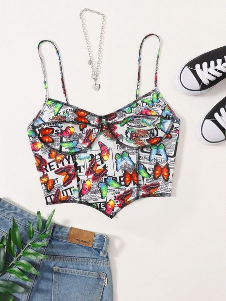 

contrast stitch asymmetrical hem letter and butterfly print cami n4em#, White