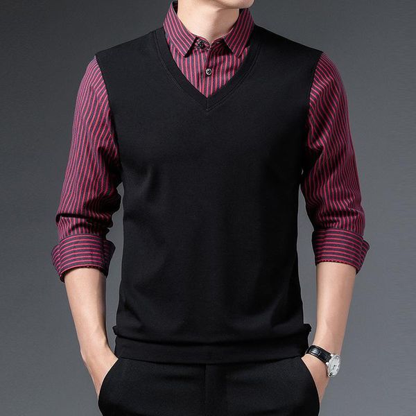 

men's dress shirts woolen sweater fake two autumn long-sleeved shirt collar bottoming youth korean striped trend mens, White;black