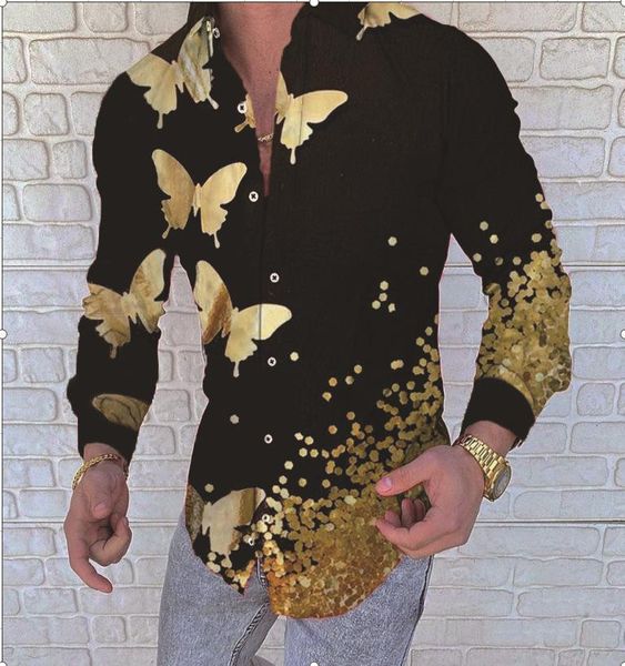 

men's casual shirts 2021 fashion for men long sleeve butterfly print shirt autumn camisa button turn-down collar male top, White;black