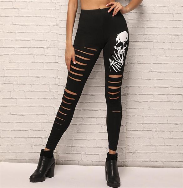 

hole print pencil leggings fashion women's spring summer pants street trend personality skull broken xl & capris, Black;white