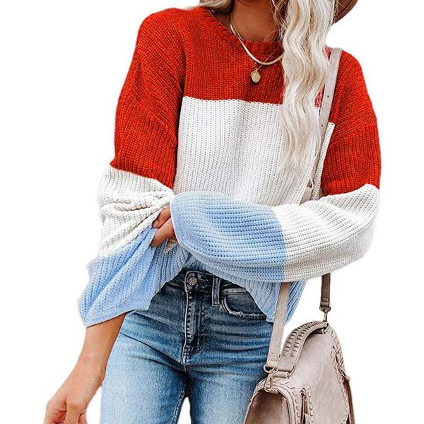 

men's sweaters fall/winter style women's 2021 european and american foreign trade hit color knit sweater lantern sleeve pullover, White;black