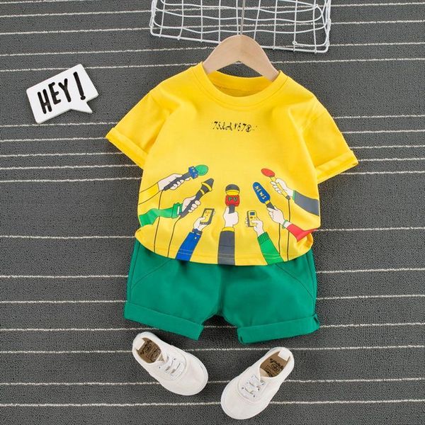 

childrens clothing suits for boys and girls short sleeved t shirt shorts 2 piece cartoon microphone, White