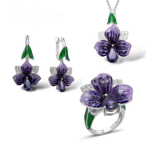 

earrings & necklace fashion jewelry set purple flower leaves crystal rings pendant women zircon ornament z5t231, Silver