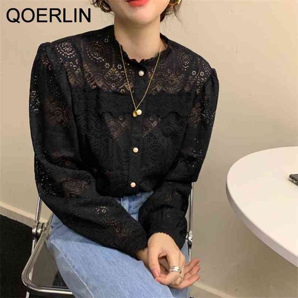 

cotton hollow out embroidered blouse women chic single breasted gentle shirts lady streetwear long sleeve 210601, White