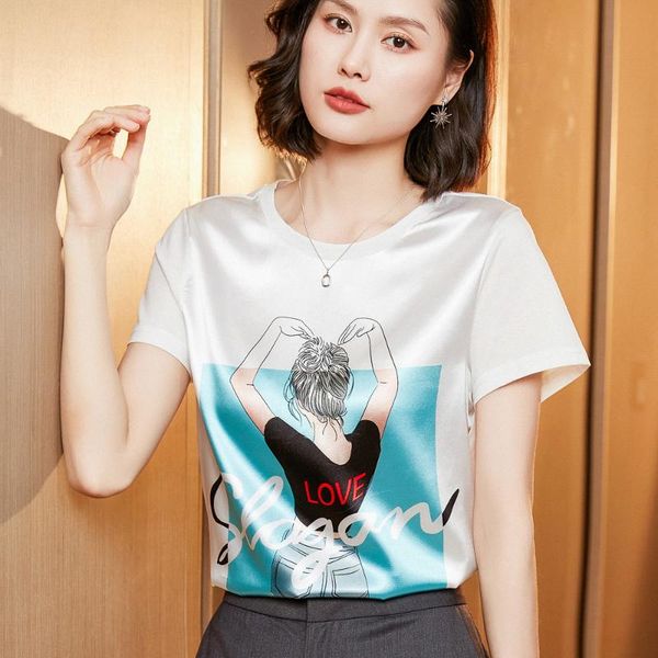 

summer women silk tshirt girls printed o-neck short sleeves front back mercerized cotton pullover fashion women's t-shirt, White