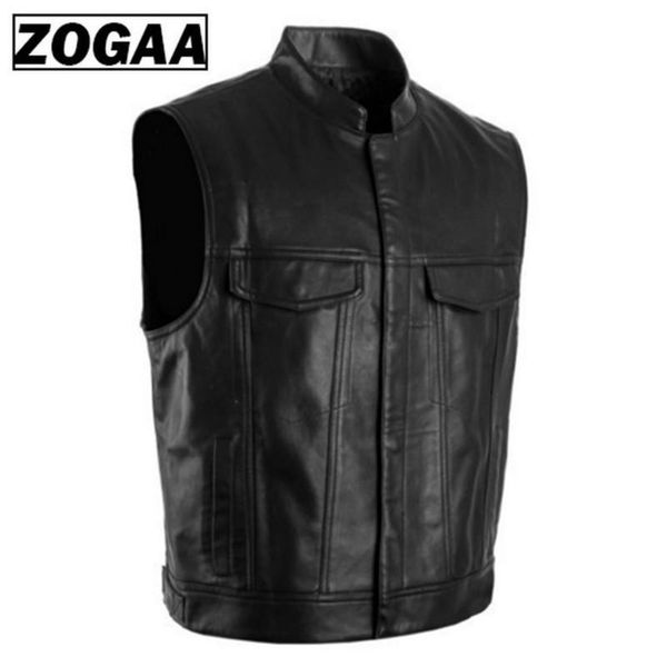 

men's vests zogga pu leather vest jacket black motorcycle hip hop waistcoat male faux punk solid sleeveless, Black;white