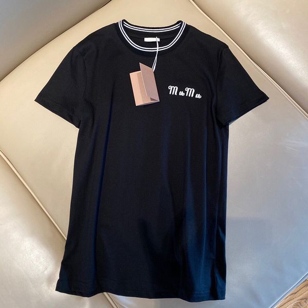 

luxury design miao summer simple letter embroidery on chest black and white contrast thread round neck short sleeve t-shirt women's fas