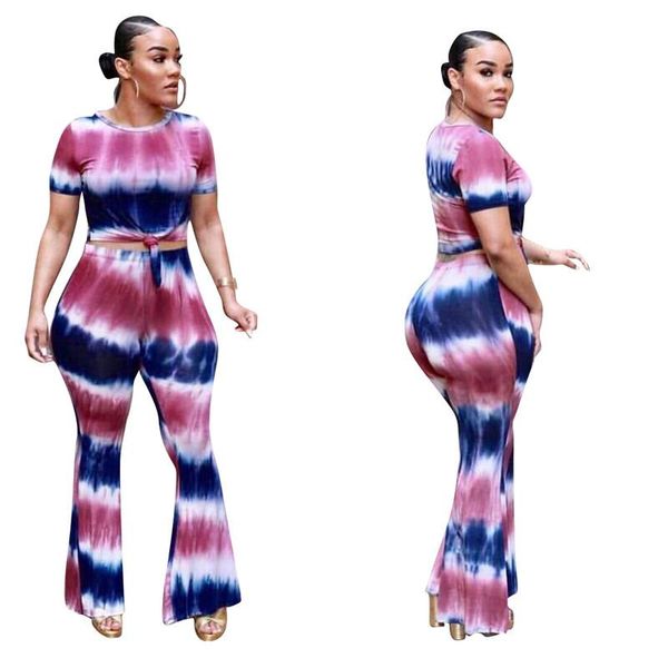 

summer 2 piece set women tie dye flare pants short sleeve crop and wide leg tracksuit leisure suit women's tracksuits, Gray