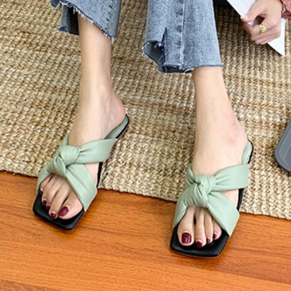 

slippers summer women's square toe designer slipper pu leather solid ladies flat shoes open outdoor fashion women sandals, Black