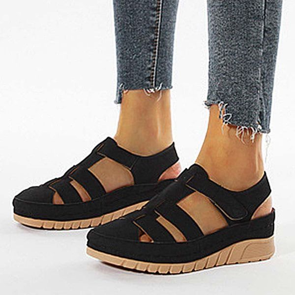 

women sandals hook & loop shoes woman flats ladies fashion female rome sewing footwear open toe women's plus size 42, Black