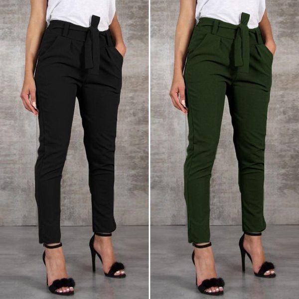 

women's pants & capris women office work long 2022 fashion lady elastic high waist belt trousers casual loose solid pantalon streetwe, Black;white
