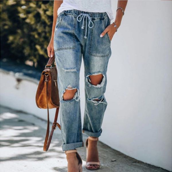 

women 2021 imitation distressed denim jeans leggings casual middle waist slim straight pants ripped for jean femme women's, Blue