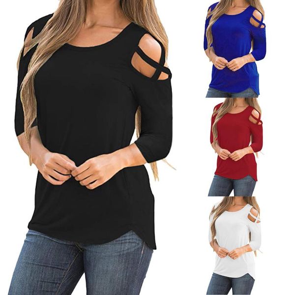 

women's t-shirt summer 2021 women three quarter sleeve crisscross strappy cold shoulder camisetas de mujer y2k #2, White