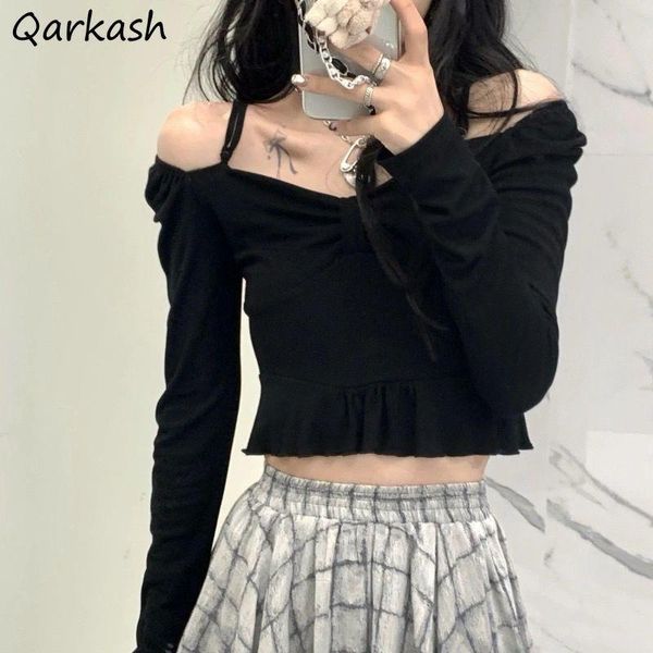 

women's t-shirt long sleeve t-shirts women tees all-match design bandage off shoulder girls cropped streetwear fashion harajuku, White