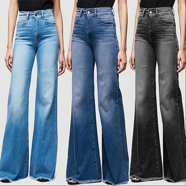 

mid waist fashion women jeans wide leg loose palazzo trousers autumn boyfriend, Blue