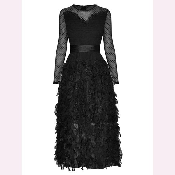 

casual dresses est nice runway dress women's o-neck long sleeve perspective mesh elastic, Black;gray