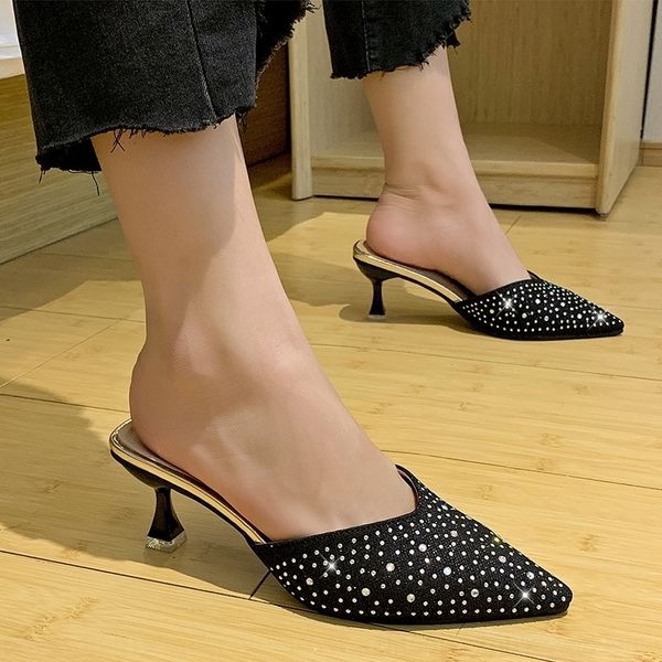 

ra6 2021korean pointed tin eeled soes women's knitting breatable baotou alf slippers summer mid hig-eeled soesslippers h, Black