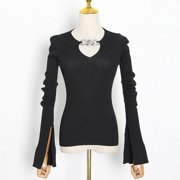 

women's knits & tees v neck slim knitted woman sweaters split sleeve chain thin sweater pullovers autumn winter 9696, White