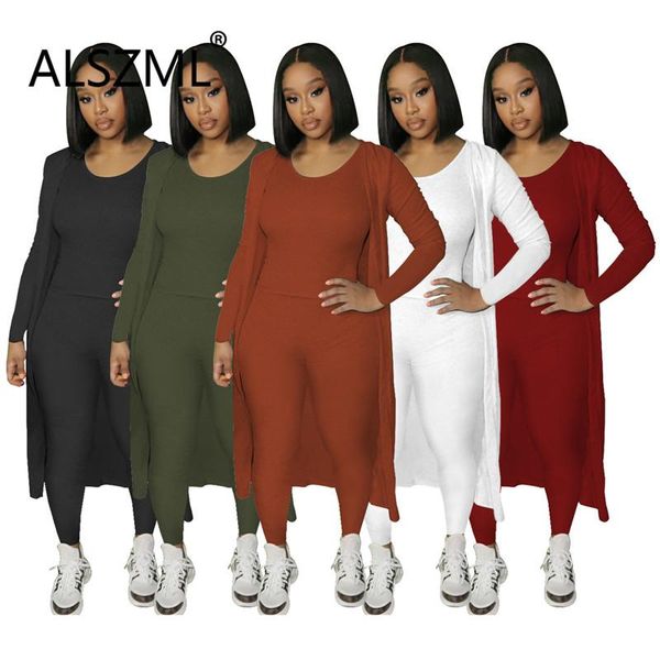 

women's two piece pants simple pure color o neck long sleeve cardigan and tight casual lady fashion tracksuits, White