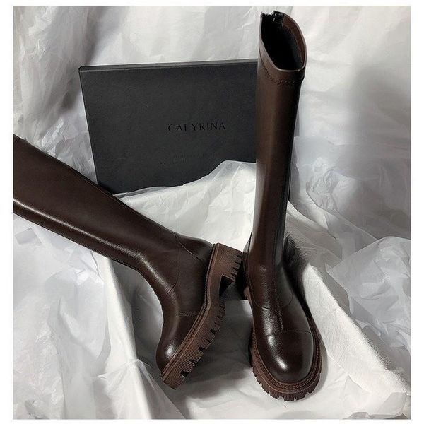 

boots fashion non-slip thick bottom knee high women quality round toe zip motorcycle boot platform shoe goth botas de mujer, Black