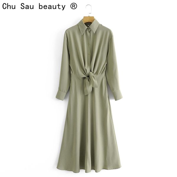 

fashion simple autumn winter woman gray-green lace-up long-sleeved chiffon shirt casual long midi dresses 210508, Black;gray