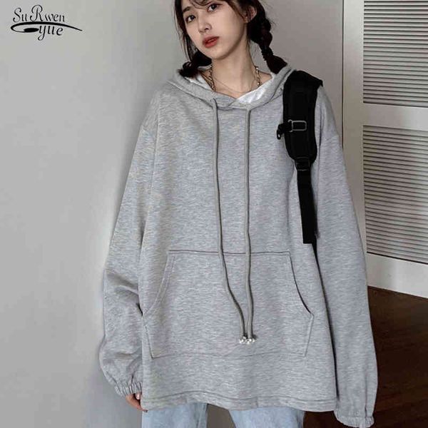 

korean style solid pullover sweatshirt women casual plus size loose hoodies autumn ladies clothing jacket 12000 210508, Black