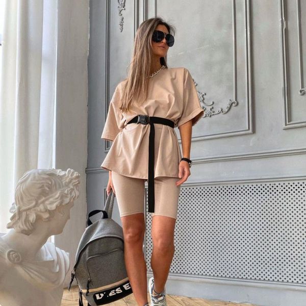 

women's tracksuits stylish lady casual home 2 piece set women t shirt and shorts with belt 2021 summer loose sports two, Gray