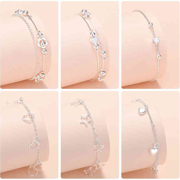 

925 sterling silver women heart bracelets on hand star chain for girls luxury jewelry jewellery gifts, Golden;silver