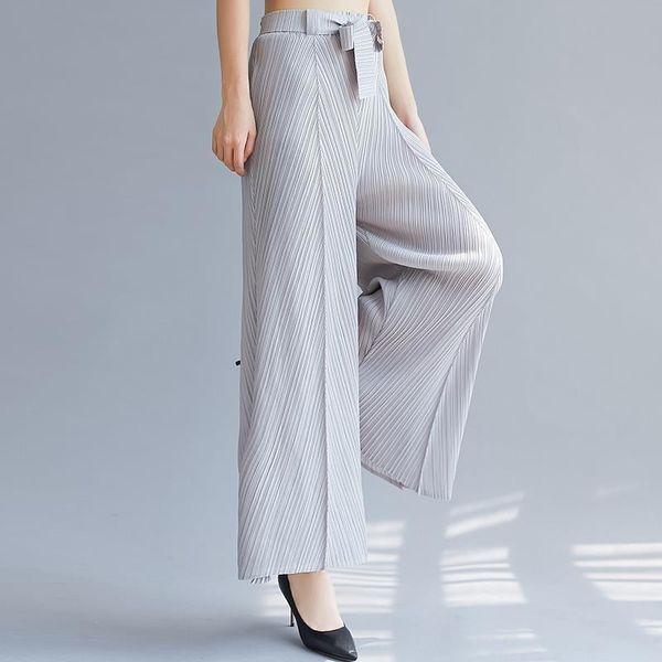 

miyak pleated long solid women capris trousers trend slim all match grey blue khaki large size temperament stretch wide leg, Black;white