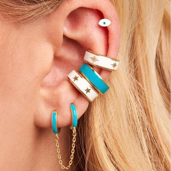 

clip-on & screw back 4 colors enamel red white black blue star earring cuff clip on gold filled circle minimal delicate 1pc no piercing wome, Silver