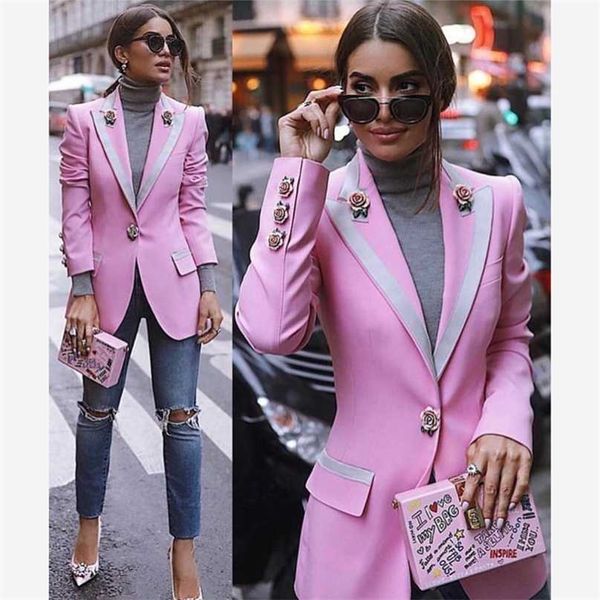 HIGH STREET est Fashion Designer Blazer Damen Langarm Blumenfutter Rosenknöpfe Rosa Außenjacke 211006