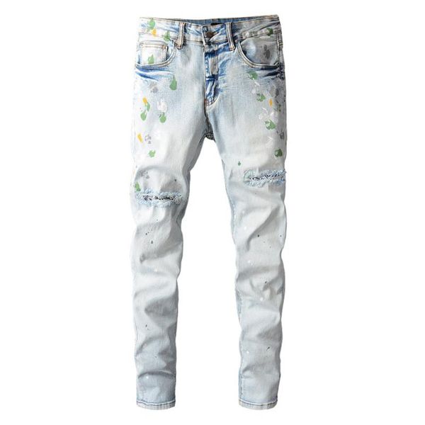 

men's jeans painted bandanna paisley patchwork streetwear slim skinny stretch denim pencil pants trousers, Blue
