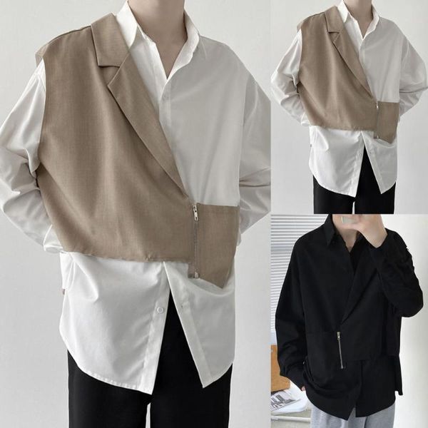 

men's casual shirts 2021 fashion men fall loose trend all-match shirt turn-down collar zipper single-breasted fake two pieces for autum, White;black