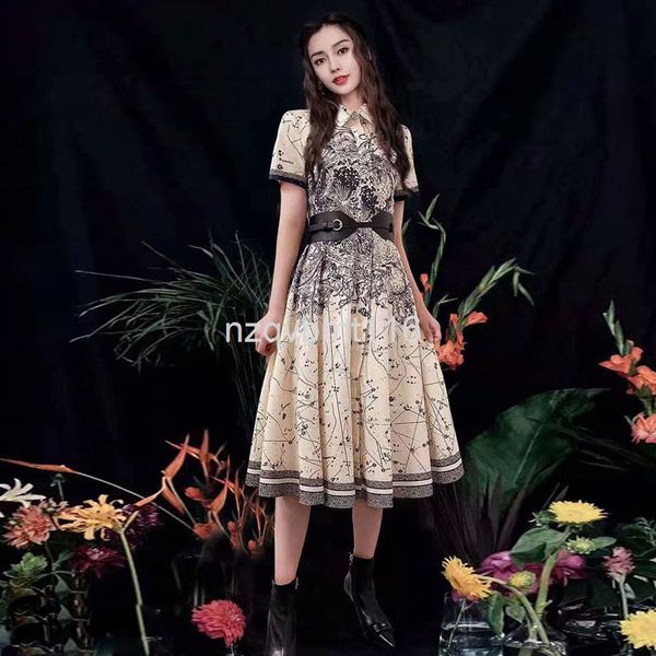 

casual dresses yang ying vs naza's same spring and summer women's dress lapel short sleeve ink printing waist closing hem skirt wi, Black;gray