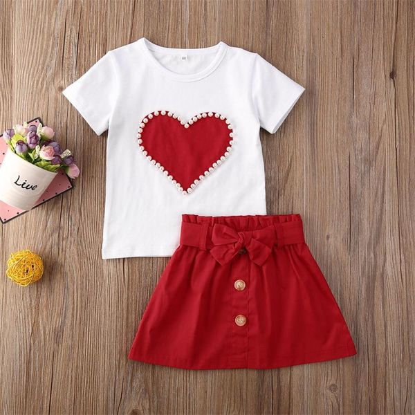 Yaz Moda Kızlar Giyim Seti 1-4 T Bebek Çocuk Giysileri Inciler Kalp Üst Gömlek Etek 2 adet Childenclothes Kıyafet 210515