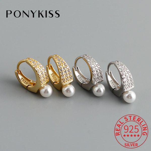 

punk s925 sterling silver round pearl zircon huggie hoop earrings for women party delicate accessory minimlist jewelry &, Golden;silver