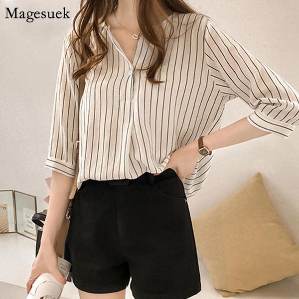 

blusas 2021 summer plus size women and blouse female v-neck stripe shirt casual slim chiffon shirts 0753 women's blouses &, White
