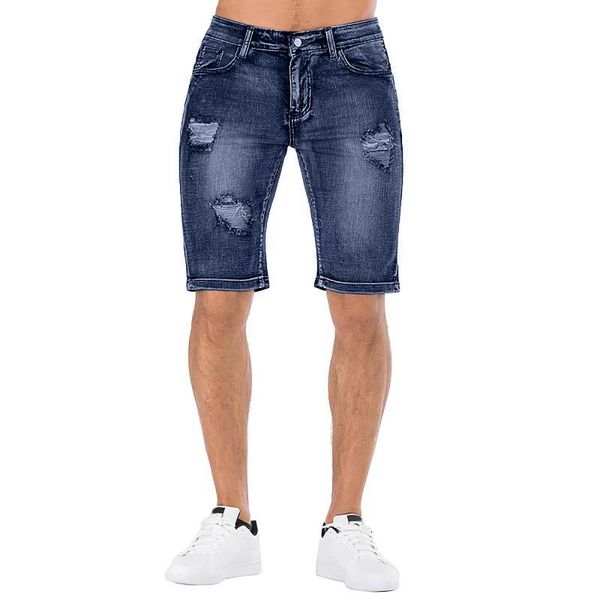 

men's jeans summer stretch ripped short fashion casual loose elastic tooling broken hole denim shorts male, Blue